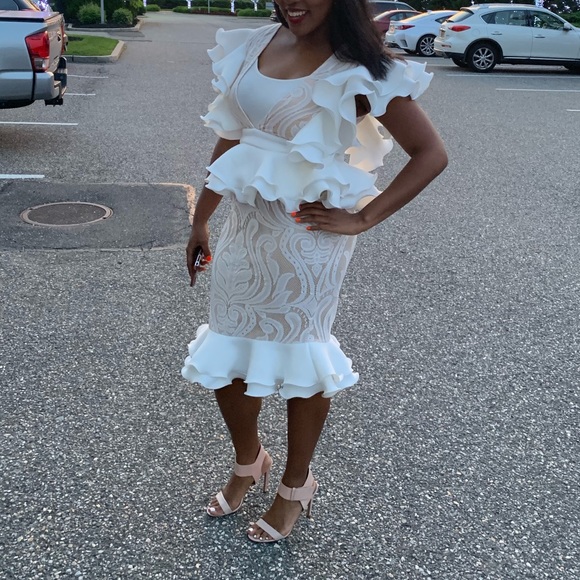 white lace plunge peplum frill midi dress